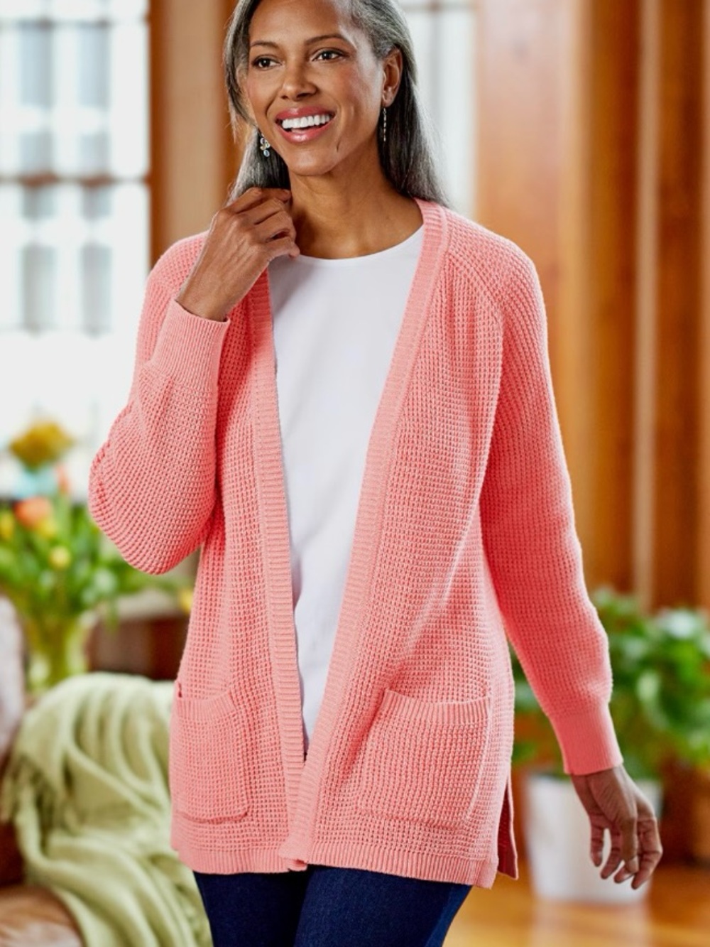 The Vermont Country Store Shaker Stitch Open-Front Cardigan Pink Sweater Small S